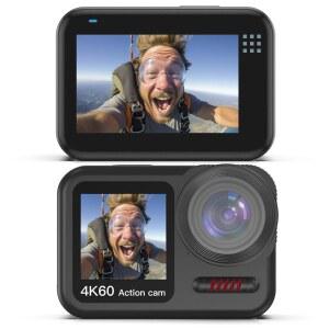 Xoiod 4K 60FPS 방수 액션 카메라, 베어 메탈 66피트 수중 2인치 터치 듀얼 스크린 스포츠 6축 안정화, 다이빙 사이클링 야외용 배터리 내장 마이크 브이로그 카메라 2대