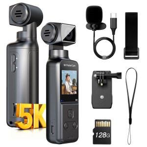 마이크 포함 5K 바디 카메라, W5 브이로깅 /15FPS 및 4K /60FPS, 270 회전 렌즈 포함, 외장 지원, 클립/스트랩 옵션, 회의 시 EIS 안정화, 일상 사용(128GB)