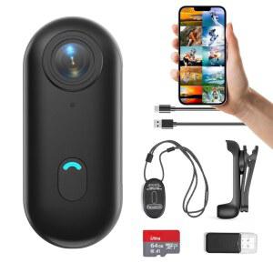 FOUKWAKC H7 64GB 1080P 엄지 액션 카메라, 미니 바디 마그네틱 랜야드가 장착된 웨어러블 포켓 브이로그 업무, 자전거 타기, 여행, 반려동물 산책을 위한 소형 휴대용 캠 헬멧 카메라