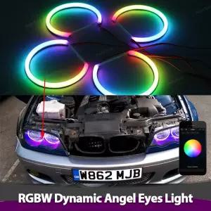 LED 라이트 링 RGBW 멀티 컬러 앱 리모컨 플로우 링 엔젤 아이 BMW E46 1998-2002 회전 시퀀셜 4x