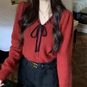 [하프클럽/]여성 배색 리본 포인트 퍼프 가디건 니트 셔츠 간절기 데일리룩
