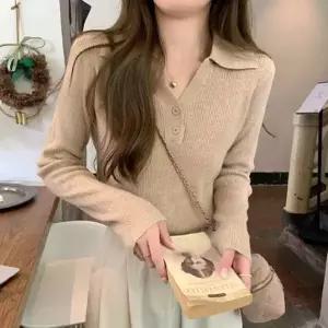 [하프클럽/]여자 골지 카라 긴팔 니트 브이넥 단추 슬림핏 가을 데일리 봄