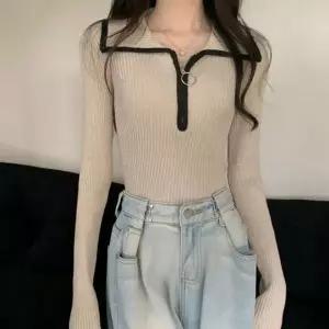 [하프클럽/]겨울 골지 카라 반집업 긴팔 니트 여성 슬림핏 하프집업 데일리