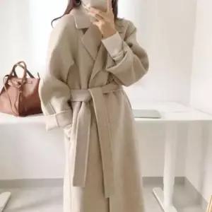 허리끈코트 여성 겨울 더블카라 클래식 허리끈 롱 모직 코트
