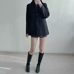 [하프클럽/셀럽하우스]심플핏 쓰리버튼 포켓 카라 하프 코트 블랙