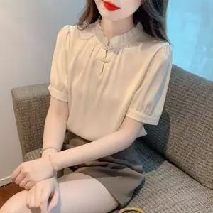 스탠드업 칼라 반팔 셔츠 중국식 매듭 단추