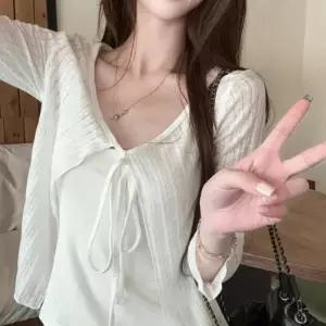 여자 여리핏 데일리 간절기 리본 시스루 가디건