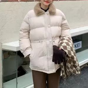 [하프클럽/셀럽하우스]퍼카라 허리 스트링 하프 버튼 패딩 크림