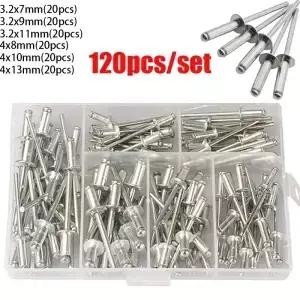 20pcs 알루미늄 합금 리베 터 패스너 세트 팝 리벳 구색 키트 가구 돔 블라인드 너트 도구
