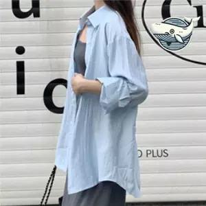 여름 여성용 블루 긴팔 셔츠 시원한 바캉스 긴팔카라셔츠 여름긴팔셔츠 루즈핏카라셔츠