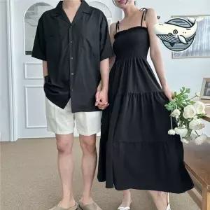 팬시 블랙 커플 여름 패션 스모크 롱 드레스 커플비치웨어 바캉스커플룩 하와이커플룩