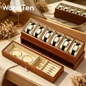 WoodTen 시계 상자 더블 레이어 쥬얼리 6 그리드 나무 손목 디스플레이 방진 투명 커버 케이스