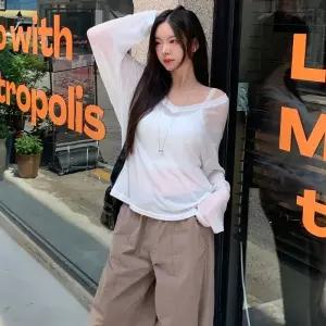 여자 브이넥 얇은 봄 여름 바캉스 살안타 긴팔 티셔츠