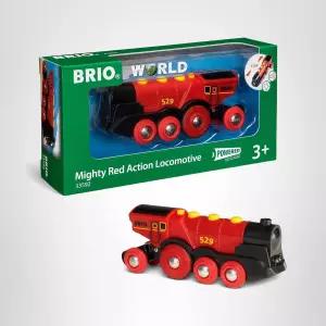 BRIO 월드 마이티 레드 액션 기관차 원목 트랙용 배터리 구동 장난감 열차 빛과 소리가 있는 전동 모든
