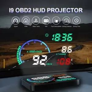 hud 헤드업 디스플레이 I9 OBD2 자동차 속도계 앞 유리 프로젝터 자동 속도 RPM 수온 전압계 전자 기기