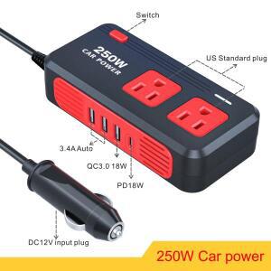 250W 차량용 파워 인버터 110V 3개의 USB 퀵 차저 C타입 포함 로드 트립 캠핑용 컴퓨터 자동차 트럭 RV와