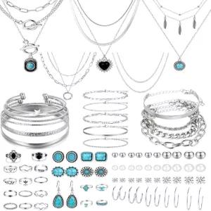 여성용 73PCS 은도금 터키석 주얼리 세트 보호 사우스웨스턴 레이어드 목걸이 및 스태커블 링 14개 팔찌