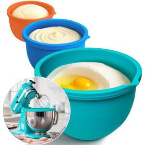 키친에이드 믹서용 업그레이드된 4.5-5QT 실리콘 볼 라이너, 두꺼운 디자인에 부은 스파우트, 측정 마크 및 걸이식 구멍으로 쉽게 보관 가능, 뚜껑이 있는 3팩, 흘림 방지 공간 절약 기능 제공