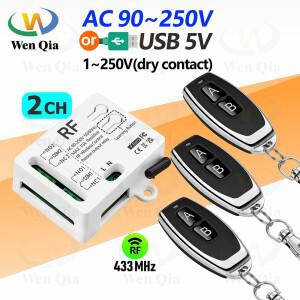433MHz 범용 무선 원격 제어 스위치 2 채널, AC 110V 220V RF 릴레이 수신기, 조명/팬/전동/차고 문 오프너
