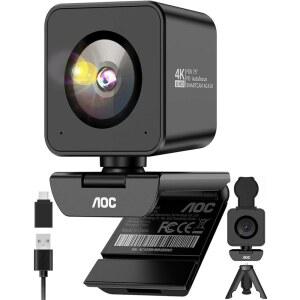 1/2.55인치 센서가 장착된 PC용 AOC 4K 웹캠 1080P 60FPS 스트리밍 카메라 PDAF 자동 초점 프라이버시 커버 Zoom /Mac /Switch 2용 플러그 앤 플레이 컴퓨터 75 FOV 삼각대 USB A-C 어댑터 포함
