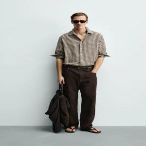 ZARA 텍스처 체크 셔츠 - 브라운 6861/717/700