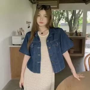 [하프클럽/셀럽하우스]여름 여자 레이어드 세미크롭 데님 반팔 남방 청 자켓