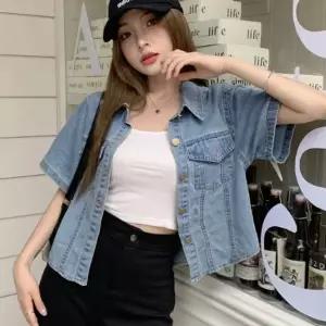 [하프클럽/셀럽하우스]여름 여성 레이어드 세미크롭 데님 반팔 남방 청 자켓