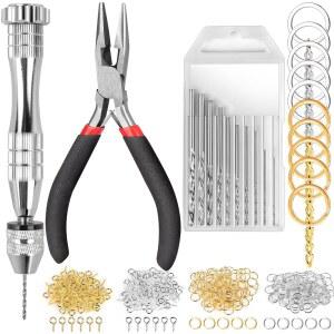 레오브로 핸드 드릴, 드릴 비트가 있는 222 PCS 핀 바이스 드릴(0.8mm-3mm), 니들 노즈 플라이어, 열쇠고리 제작 키트, 보석 용품, 제작을 위한 도구