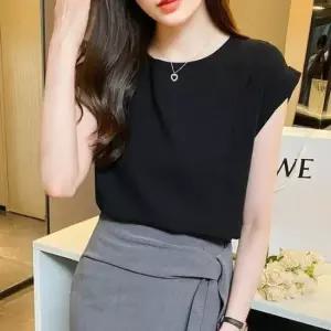 새틴블라우스 오피스룩 세미정장룩 린넨 민소매 롤업 블라우스