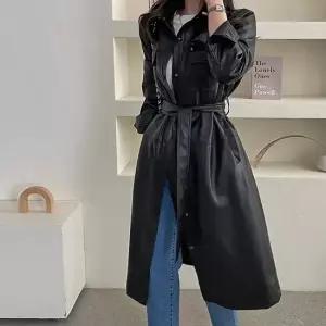 모던스타일 여성 인조가죽 카라 롱 코트 레자 아우터