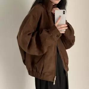 모카 스웨이드 여성 블루종 하이넥 집업 루즈핏 자켓