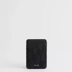 Saddle 마그네틱 카드 지갑 - 블랙 그레인 송아지 가죽 마르퀘트리  블랙 Dior