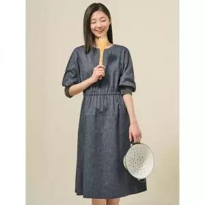 매장정품 빈폴 BEANPOLE LADIES 데님 라이크 라운드넥 볼륨 소매 원피스 네이비 (BF5371C03R) BF5371C03R 7