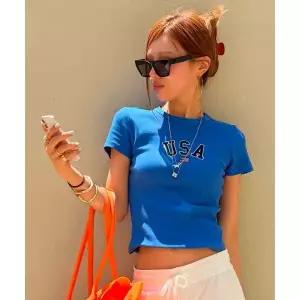 후아유 USA Ribbed Short-sleeve T-shirt WHRAG3791F 517842