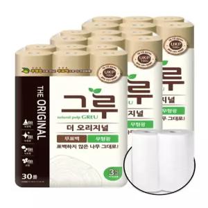 그루 더 오리지널 무표백 천연펄프화장지 3겹 33m 30롤 3팩+키친타월 100매 2롤