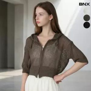 5부 소매 네트 크롭 후드 집업