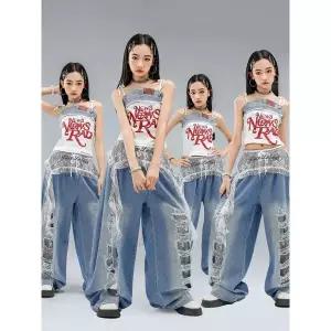 댄스복 방송 아이돌 무대 의상 발표회 십대 힙합 크롭 탱크탑 데미지 진 키즈 K팝 캐미탑 데님 팬츠 스트릿