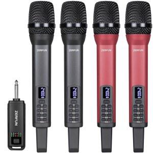 ZERFUN 4 충전식 무선 마이크, 노래방 노래 교회 파티를 위한 에코 트레블 BASS VOL 제어 기능이 있는 프로 핸드헬드 마이크 시스템, 1/4인치 출력, 그레이 & 레드