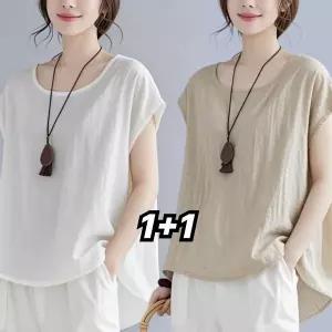 1+1 중년여성 라운드넥 린넨 반팔 무지 셔츠 여름 통기성 면 마 상의 빅사이즈 엄마룩 50대60대