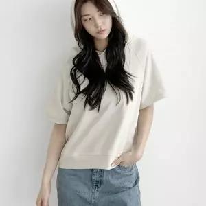 [옷자락]여자 나그랑반팔 배색 후드 여름 코튼 무지 티셔츠