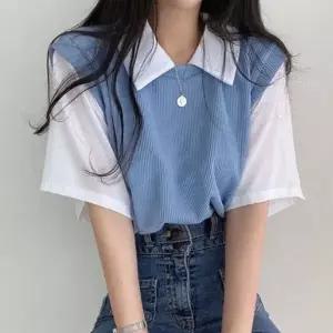 [하프클럽/]셔츠 니트 조끼 페이크 레이어드 반팔 블라우스 티셔츠