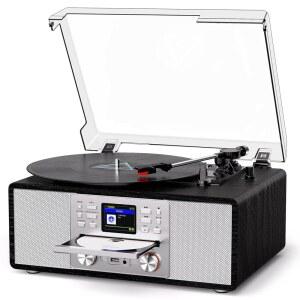 CD 및 인터넷 라디오 USB 녹음 기능이 있는 블루투스 바이닐 레코드 플레이어 AUX/RCA 3단 벨트 드라이브 빈티지 턴테이블 톤 제어 리모컨 가정용 선물용 레트로 블랙 오디오 시스템