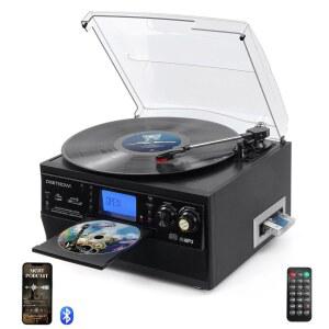 스테레오 스피커가 장착된 DIGITNOW 9-IN-1 레코드 플레이어 바이닐용 3단 턴테이블 CD/카세트 블루투스 USB/SD 재생 AM/FM 라디오 보조 리모컨(블랙)