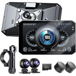 YESOK Y5 12.7CM(5인치) 오토바이 대시 캠 포함, 방수, 안드로이드 카메라, 1080P+1080P 및 5GHZ 카드 전면 타이어 TPMS 64GB CARPLAY 시야 야간 오토, 센서, WI-FI IP67 앱, 후면, GPS,