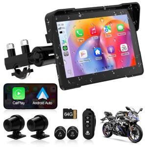 ARTMAN 오토바이 대시 캠 전면 및 휴대용 카드 TPMS 7인치 방수 네비게이션 시스템용 터치 IP67 GPS 안드로이드 카플레이, 스크린, SD 호환, 후면, IPS 카플레이 64G 자동