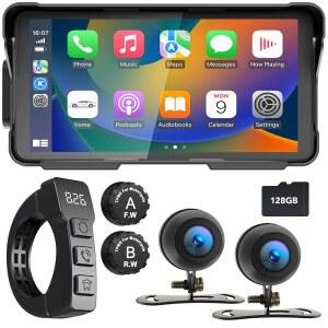WEUASTE 전문 오토바이 대시 캠, 카플레이 블루투스 IP66 TPMS SD-128G 어시스턴트 5.5인치 터치스크린, /안드로이드 네비게이션, 무료 방수 GPS 자동, /구글 /시리 지원,