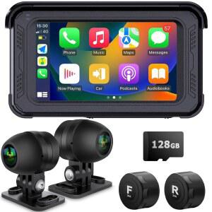 ZOMFOM 방수 오토바이 대시 캠, 무선 IPS 및 후면 스크린, 카메라 안드로이드 포함 CARPLAY 5인치 전면 WI-FI, 1080P, 블루투스, HD GPS, 터치 TPMS, 128GB 오토,