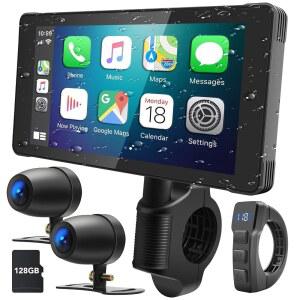 WEUASTE 5.5인치 오토바이 카플레이 (128GB SD 캠 포함), 녹화 GPS 방수, 및 1080P 카드 대시 시스템, 블루투스 네비게이션 잠금, 디지털 리모컨, DVR, HD 루프 오토, 에머 시리, 듀얼 안드로이드