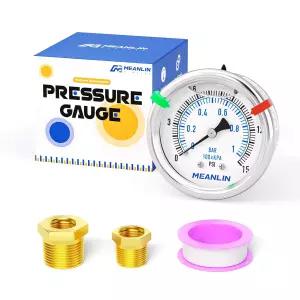 MEANLIN 측정값 0~15Psi 저액 충전 압력 게이지 스테인리스 스틸 1/4 NPT 2 페이스 다이얼 유정 펌프 탱크