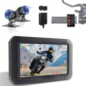 VSYSTO 모터사이클 대시 카메라, WIFI 충전식 카메라 방수 압력 타이어 GPS, 150 야간 DVR, 컨트롤러 센서, 투시 및 전방 HD 4인치 후방 광각 화면 별빛 유선